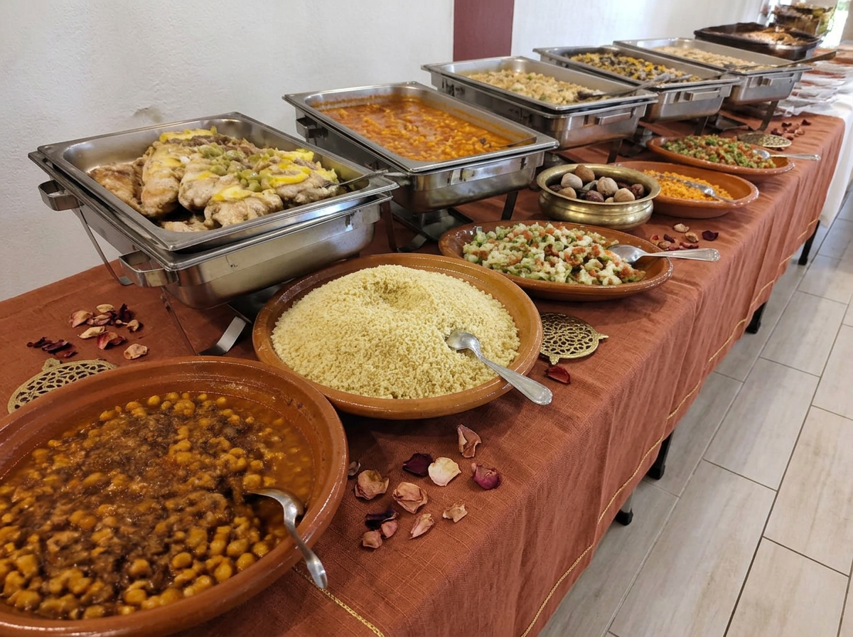 Lange openbuffet tafel met grote deelschalen vlees, saus en brood
