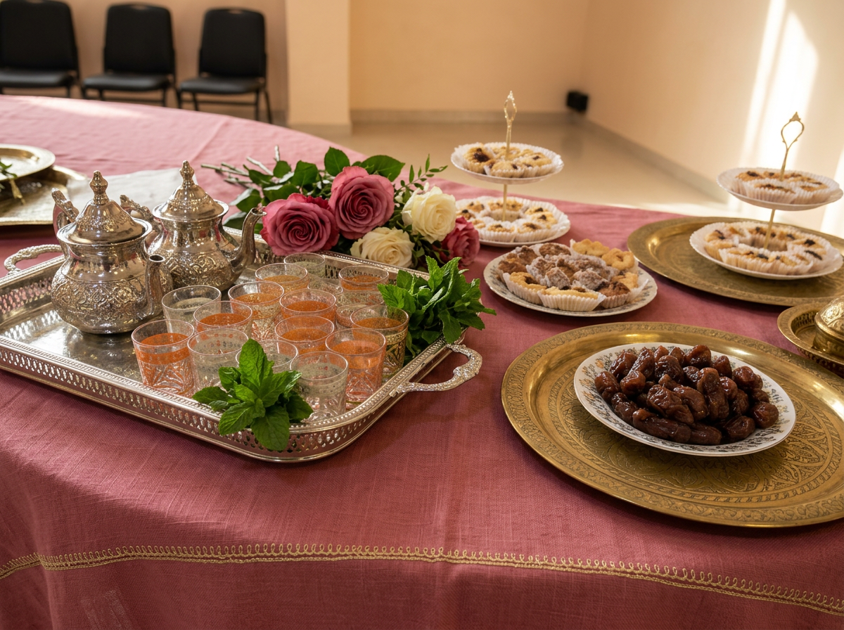 Buffettafel met Marokkaanse theepotten, glazen en klein gebak